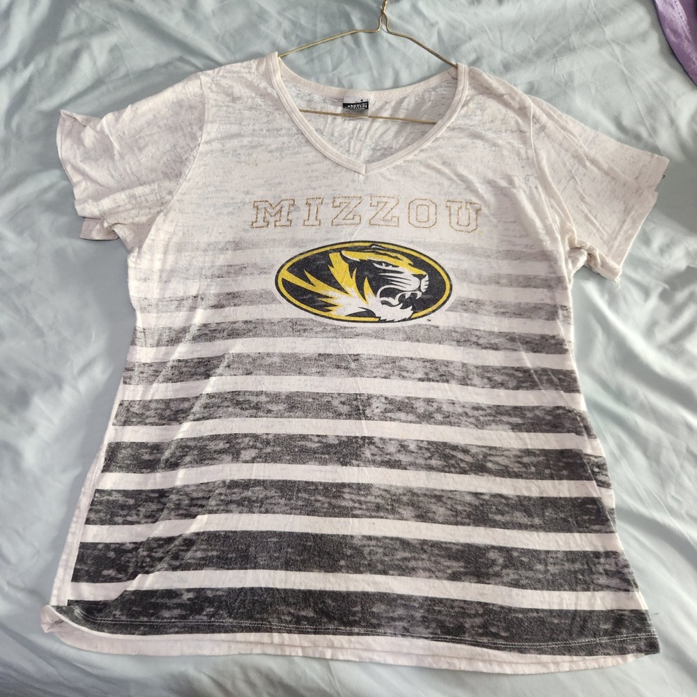 Mizzou Tigers T-Shirt Womens 2XL White Gray Stripe Gold Glitter University